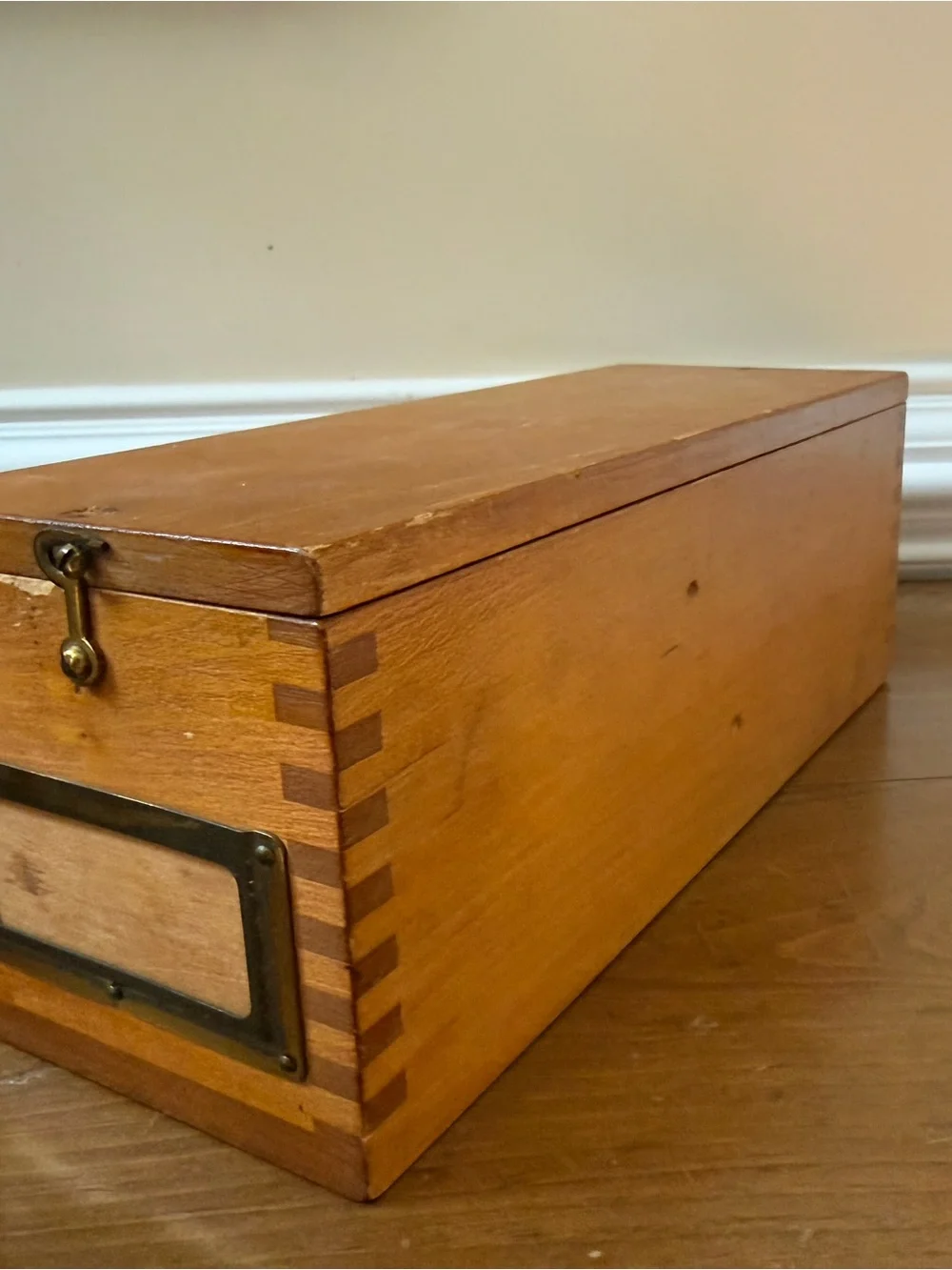 Vintage Dovetailed Wooden Card Catalog Storage Box with brass hardware
